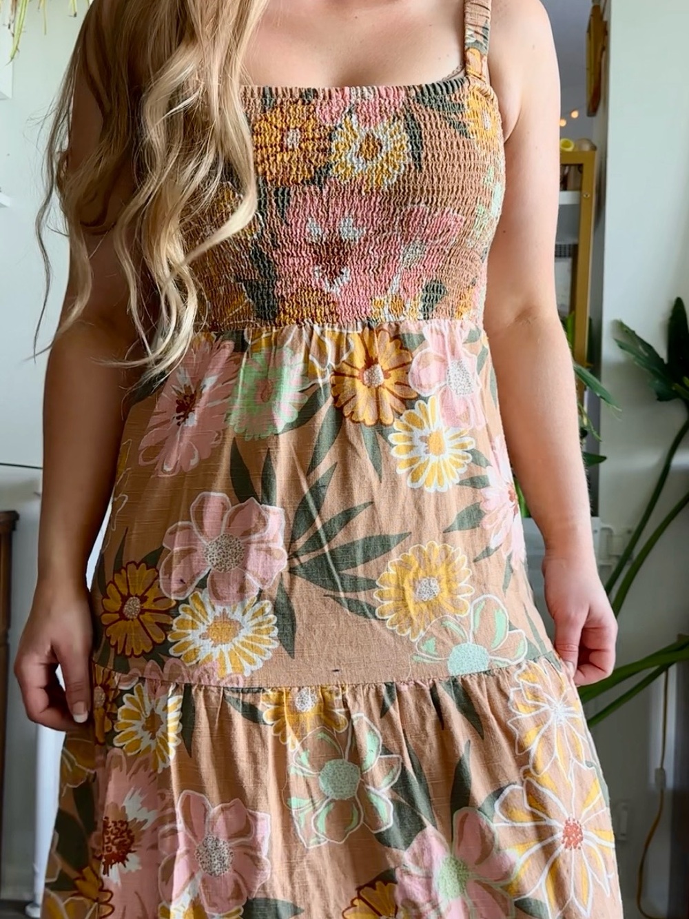 100% Cotton Smocked Floral Midi Dress in Tan with Pastel Flowers